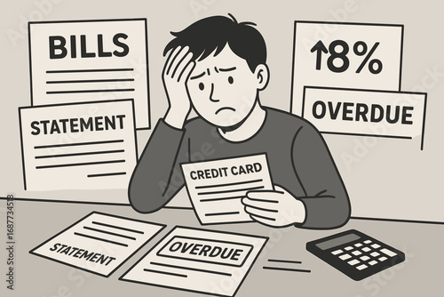 Stressed Over Finances. Vector illustration of stressed person reviewing credit card statements, interest rates, and overdue