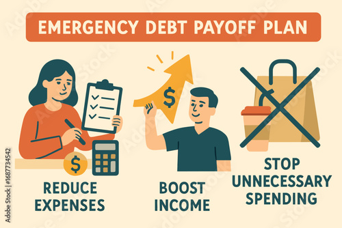 Debt Payoff Strategy. Flat design of emergency debt payoff plan — reduce expenses, boost income, stop unnecessary spending.