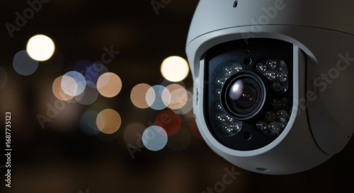 A high-resolution security camera, poised against a blurred city night backdrop.