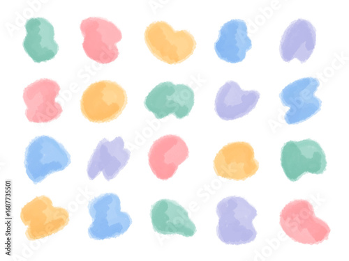 Manchas abstractas de acuarela pastel pintadas a mano, fondo colorido. Marcos orgánicos dibujados a mano para notas.
