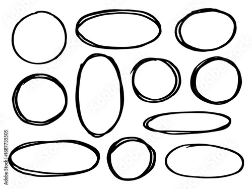 Hand drawn oval and circle frames sketch style graphic elements. Grunge marker organic frames