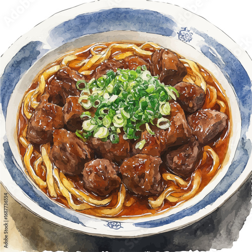 Udon Noodles, watercolor drawing vector, isolated on a white background.