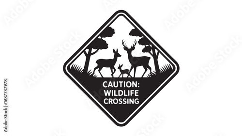 Caution Wildlife Crossing Sign deer family silhouette black and white diamond shape