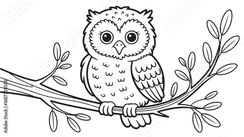Adorable cartoon owl perched on a tree branch perfect for childrens books or coloring pages