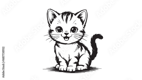 Adorable cartoon kitten sitting black and white illustration