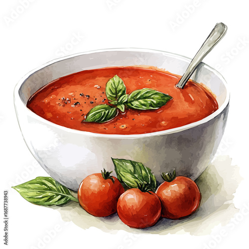 Tomato Soup, watercolor clipart vector, isolated on a white background.