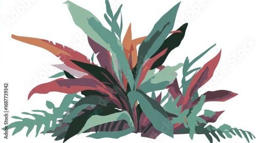 Tropical leaves and plants in various colors and shapes.