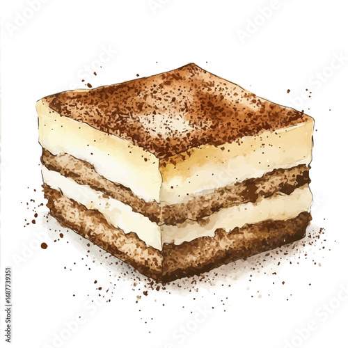 Tiramisu, watercolor drawing vector, isolated on a white background.