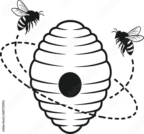 Two Bees Flying Around a Beehive with Dashed Flight Paths on White Background insect