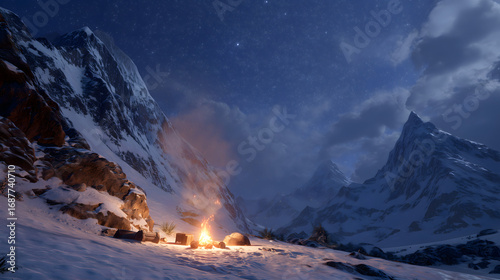 Campfire burning in a snowy mountain landscape at night time