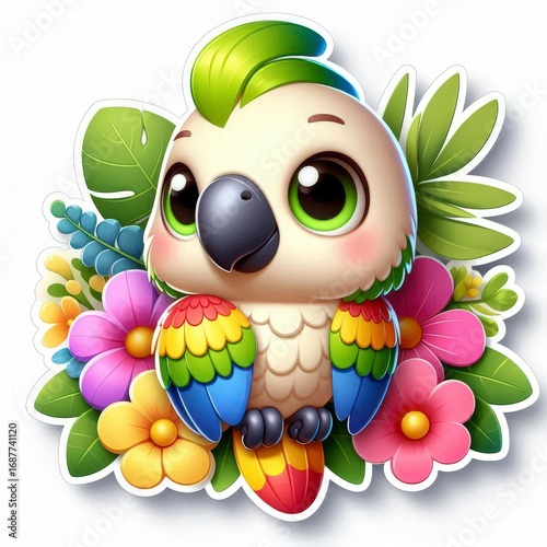 Cute Cartoon Parrot with Flowers Sticker