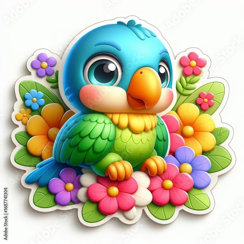 Cute Cartoon Parrot with Flowers