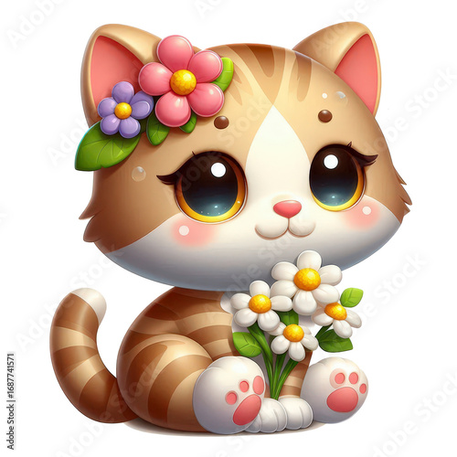 Cute Kitten with Flower Crown and Daisies