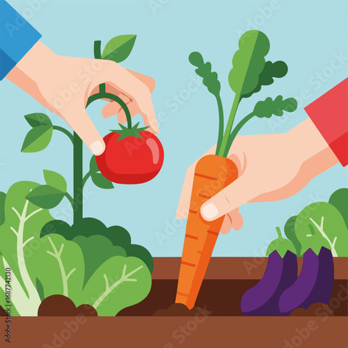 Hands picking vegetables, ripe tomatoes and carrots from vegetable garden. Harvesting hands picking vegetables, fresh produce, leafy greens and eggplant in garden, hands picking vegetables.