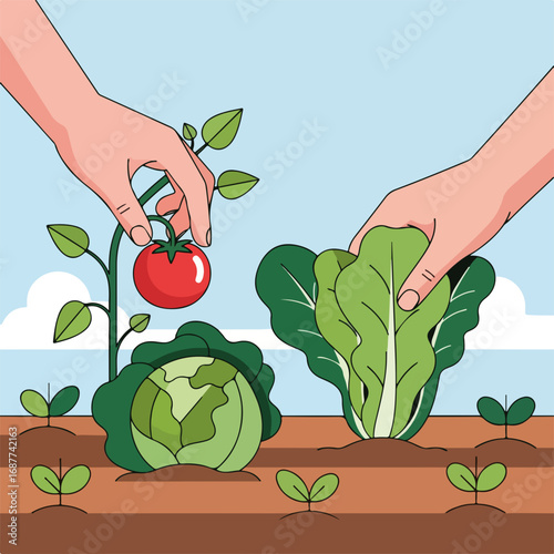 Hands picking vegetables in organic garden, including tomatoes, cabbage, lettuce. Harvesting vegetables activity involves hands picking vegetables and gathering fresh produce for healthy eating.