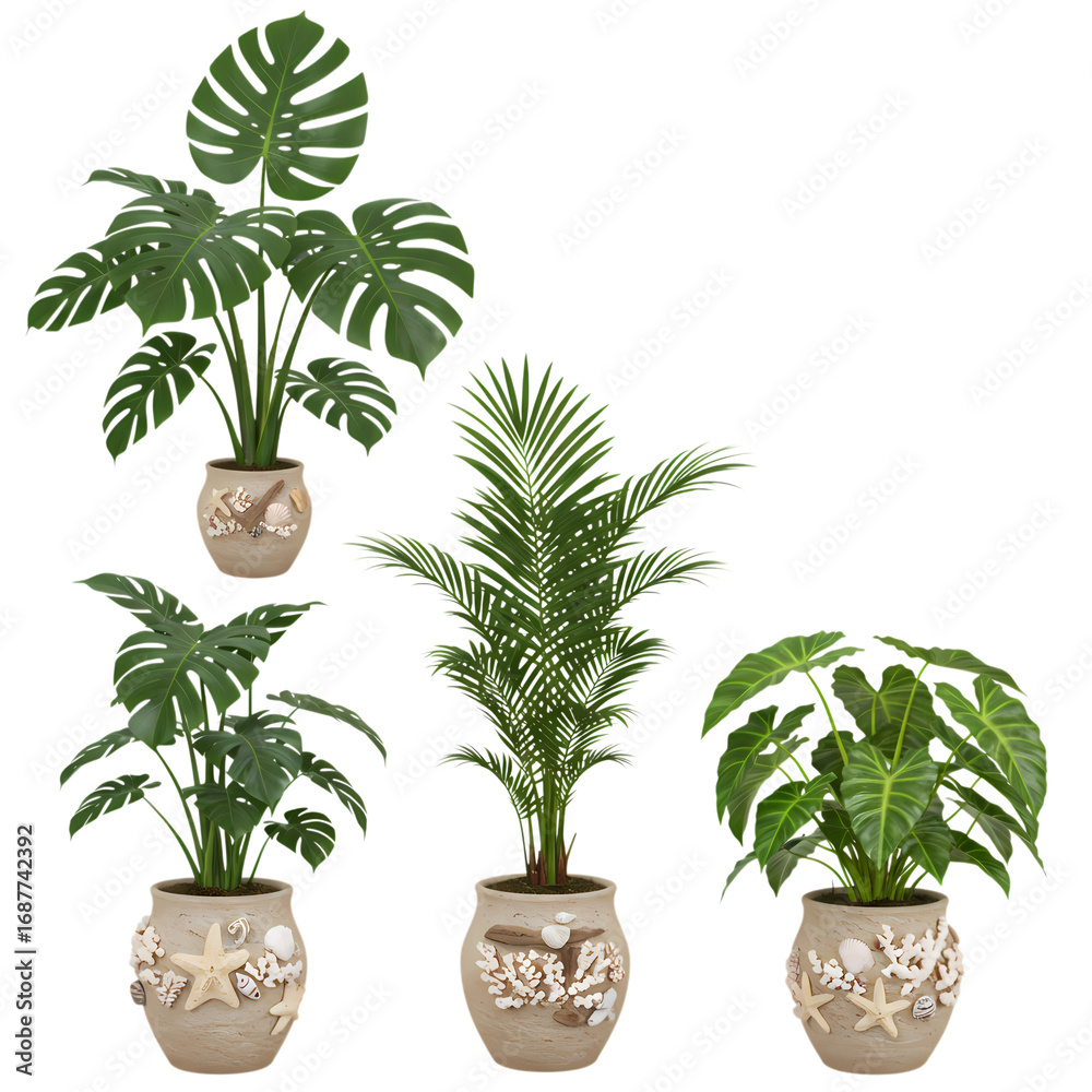 Obraz premium Artificial Tropical Plants: Monstera, Fern & Palm in Decorative Pots