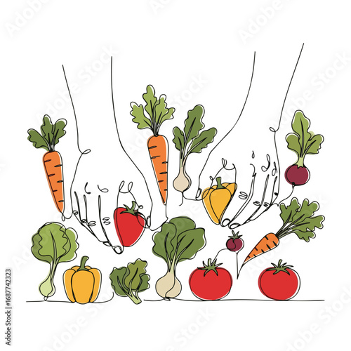 Hands picking vegetables in vibrant colors, depicting simple farm produce for healthy eating. Hands picking vegetables show fresh homegrown harvest, ideal for cooking.