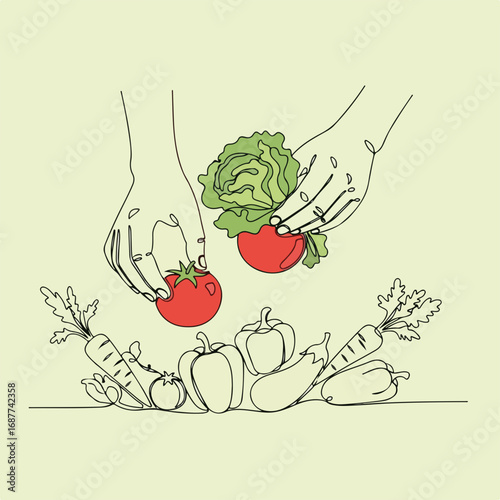 Hands picking vegetables depicted in minimal line art over soft green background. Hands picking vegetables arranged with eggplant and pepper, tomato and carrots.