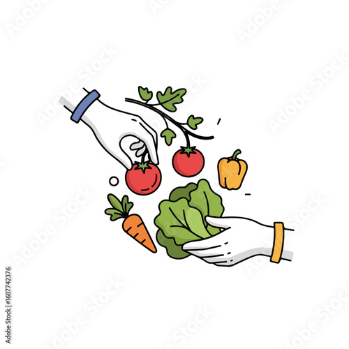 Hands picking vegetables, a delightful display of healthy eating and farm-fresh produce. Hands picking vegetables showcase colorful carrots, tomatoes, lettuce,