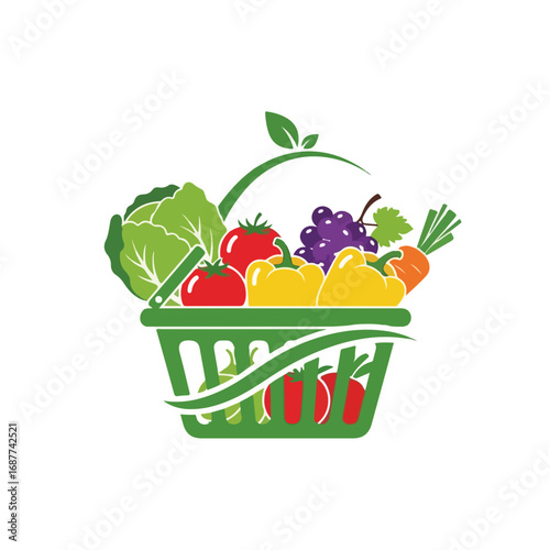 Organic market pick with fresh vegetables and fruits in shopping basket, healthy choice. Organic market pick of tomatoes, peppers, grapes and lettuce promotes balanced diet and wellness.