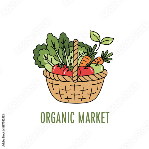 Organic market pick includes fresh produce, tomatoes, carrots, lettuce, and apples inside woven basket, perfect for farm-to-table advertising. This organic market pick is healthy and nutritious,
