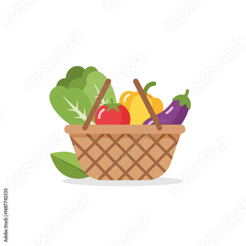 Basket with fresh vegetables from organic market pick, featuring eggplant, lettuce, pepper and tomato. This organic market pick illustrates healthy food options and vibrant produce.