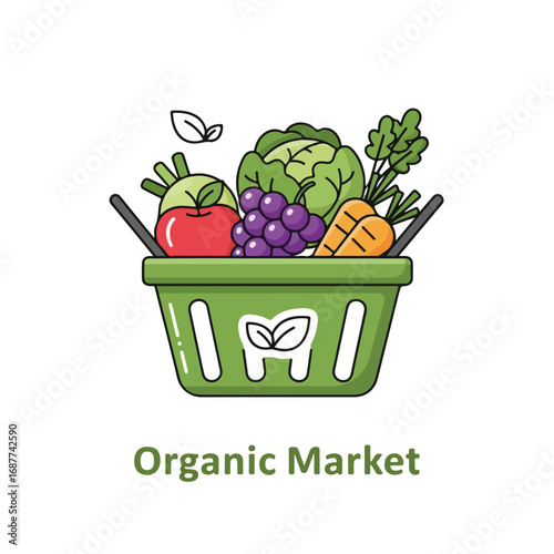 Green basket of organic market pick with fruits and vegetables in minimalist style. Organic market pick includes tomato, cabbage, grapes, carrot in linear design, concept of healthy eating.