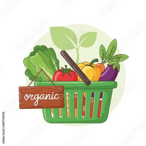 Fresh organic market pick with colorful bell peppers, eggplant, tomatoes, and lettuce in green basket. Organic market pick is wholesome and nutritious.