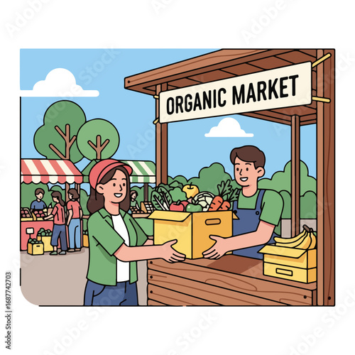 At organic market, customer is buying products from seller's stall. Organic market visit shows fresh food in boxes. Enjoy your organic market pick. Get your organic market pick from local seller,