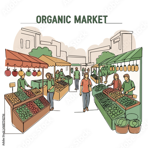 Organic market pick, vibrant illustration showing stalls filled with fresh produce and people. This organic market pick presents local farmers selling colorful fruits, vegetables, and organic goods.