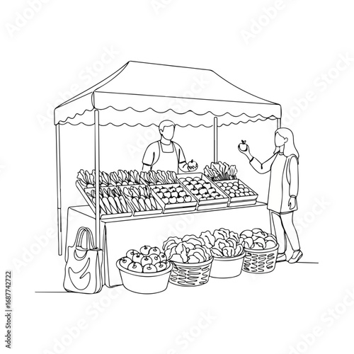 Organic market pick in minimal single line art showing local produce, fresh ingredients, and farmer. Organic market pick concept emphasizes sustainable food choices and health.