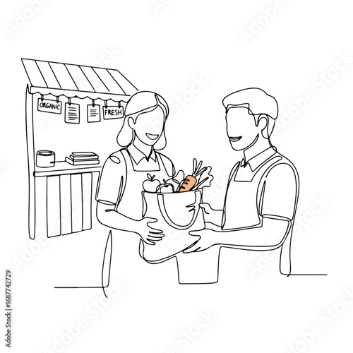 Organic market pick in one line drawing of seller handing bag of produce to customer. This organic market pick shows a modern style line drawing of farm fresh product sold by smiling salesperson.