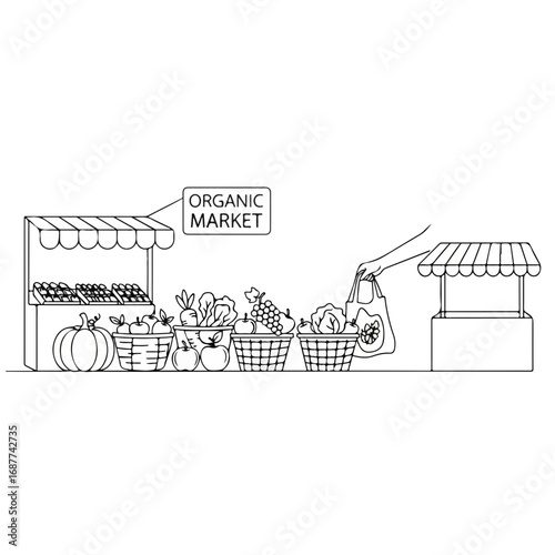 Organic market pick with fresh fruits, vegetables, and produce on display. Organic market showcases healthy eating and support local concept with seasonal goods in wicker baskets.