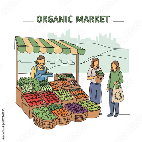 Fresh produce at organic market pick, with farmer selling local products and consumers enjoying healthy options.