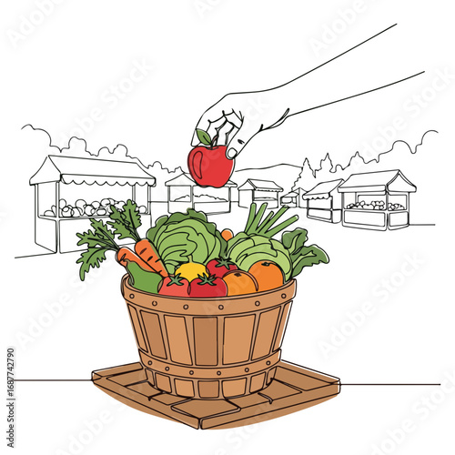 Organic market pick with a basket of fresh vegetables and fruit displayed at outdoor stand.