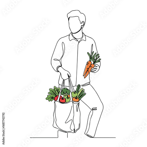 Organic market pick of fresh produce in one line drawing, continuous line design of man carrying vegetables. Enjoy organic market pick with carrots, tomatoes, and green leafy produce,