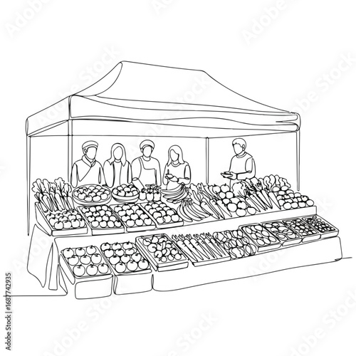 Organic market pick depicted in minimalist outline illustration, featuring farmers at stall. Fresh products at organic market pick, with various fruits and vegetables,