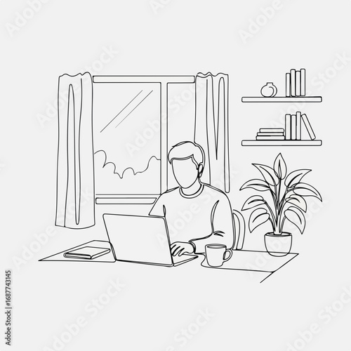 Working at home on laptop in minimalist style. Conceptual working at home scene showing figure with computer, mug, and indoor plant with shelves. Simple working at home concept ideal for online work,