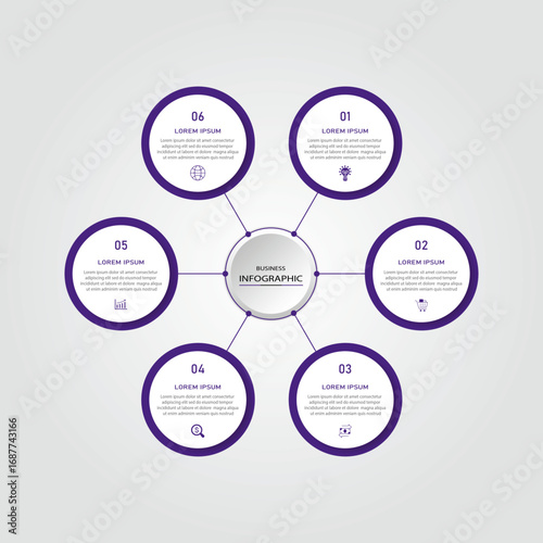 Business data visualization with timeline template vector - 6 steps eminence circular vector with space for text also for business process, business diagram, digital marketing, and tech layout 