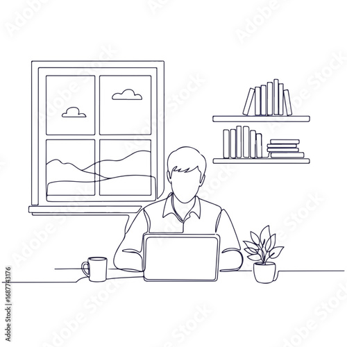 Working at home with laptop on desk near window and shelf, person at a desk working at home illustration. Conceptual working at home during remote work to meet deadlines,