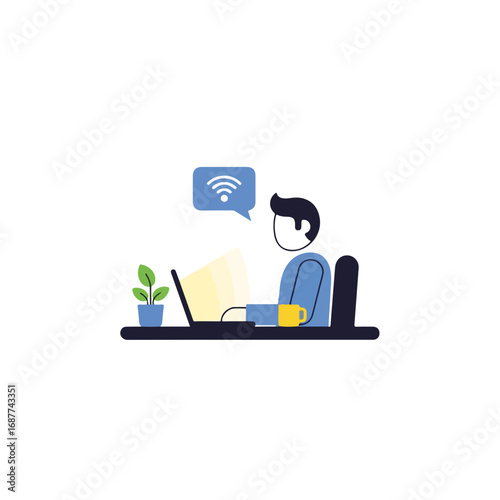 Working at home with laptop and plant, enjoying remote work lifestyle. Remote work offers flexibility, convenience with coffee cup. Idea of working at home for modern professionals,