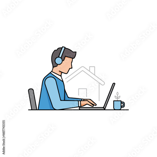 Working at home illustration with person using laptop while sitting at desk. Working at home shows modern lifestyle, person listening to headphones and typing on the keyboard, next to tea cup.
