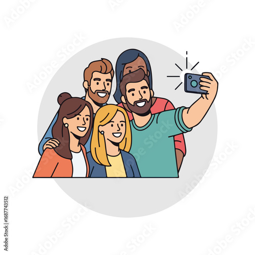 Group of friends selfie shows diverse people having fun taking photo together. Friends selfie creates connection and captures memories of togetherness.