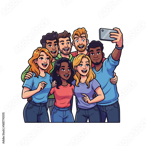 Friends selfie with happy young people making a self portrait, showing togetherness. Friends selfie captures a group of multiracial people, smiling, laughing, and creating memories together.
