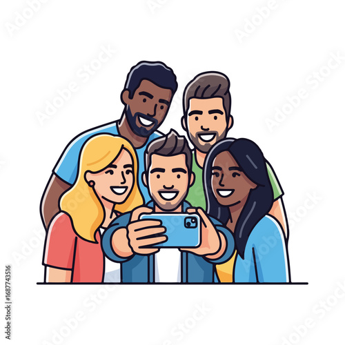 Capturing friends selfie with modern smartphone on isolated white background, friends selfie representing camaraderie and connection in fun social moment. Enjoy friends selfie, embodying social unity,