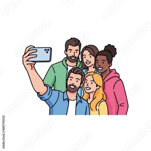 Friends selfie shows group of young adults taking a picture together with smartphone. Friends selfie captures joyful moment, showcasing smiles and camaraderie between friends.