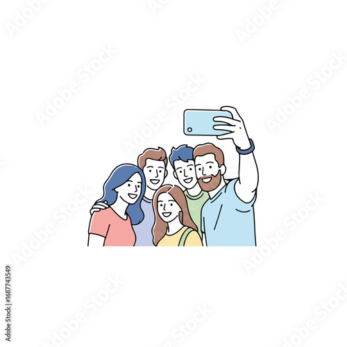 Capturing joyful friends selfie with cheerful group using phone to take friends selfie. Friends selfie includes diverse friends posing and smiling together in casual outfits.
