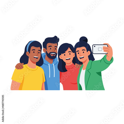 Friends selfie portrait shows cheerful group enjoying moment, taking picture with smartphone camera. Friends selfie displays joy of friendship, showcasing diverse group united in shared experience.