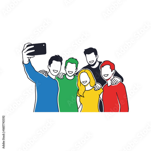 Capturing a fun friends selfie of five smiling young adults in a line, posing together. Friends selfie depicts happiness and camaraderie as group share lighthearted moment, taking friends selfie.