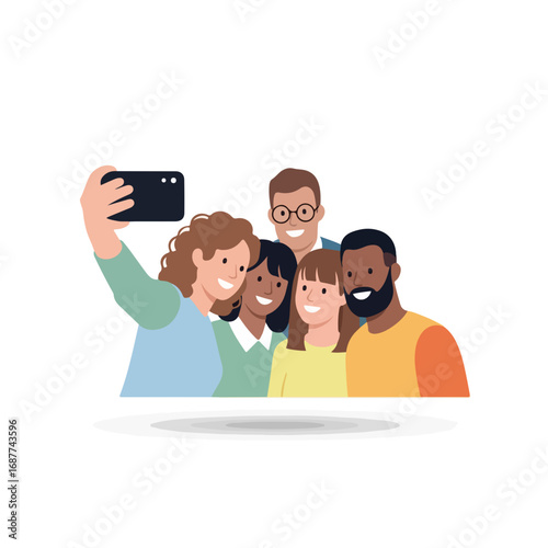 Friends selfie captures a group of young adults smiling, posing with phone for friends selfie, in simple vector illustration. Group of friends taking pictures with friends selfie.